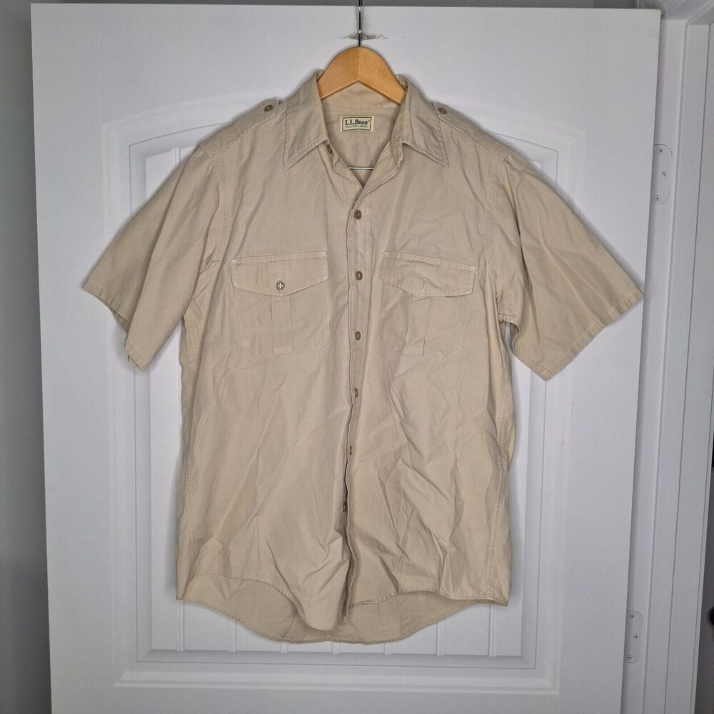 Vintage LL Bean Safari Shirt Mens Medium Brown Pockets Epaulettes Button